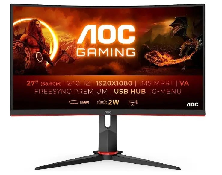 AOC 27" Curved 0.5ms 240Hz FHD 1500R, FreeSync, HDR Mode, Ultra Narrow Border Gaming Monitor w/HAS - DP/HDMI, VESA100 LCC